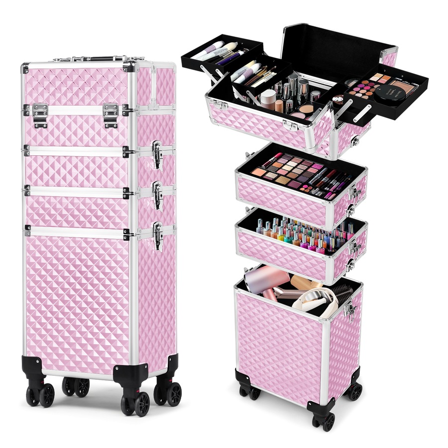 Advwin Makeup Trolley Case, 4 in 1 Rolling Cosmetic Train Case Large Capacity Cosmetic Trolley with Universal Wheels, Removable Partitions, Secure Locks, Pink