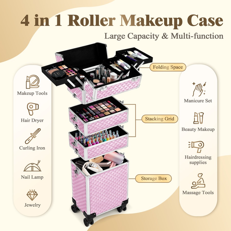 Advwin Makeup Trolley Case, 4 in 1 Rolling Cosmetic Train Case Large Capacity Cosmetic Trolley with Universal Wheels, Removable Partitions, Secure Locks, Pink