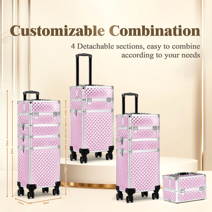 Advwin Makeup Trolley Case, 4 in 1 Rolling Cosmetic Train Case Large Capacity Cosmetic Trolley with Universal Wheels, Removable Partitions, Secure Locks, Pink