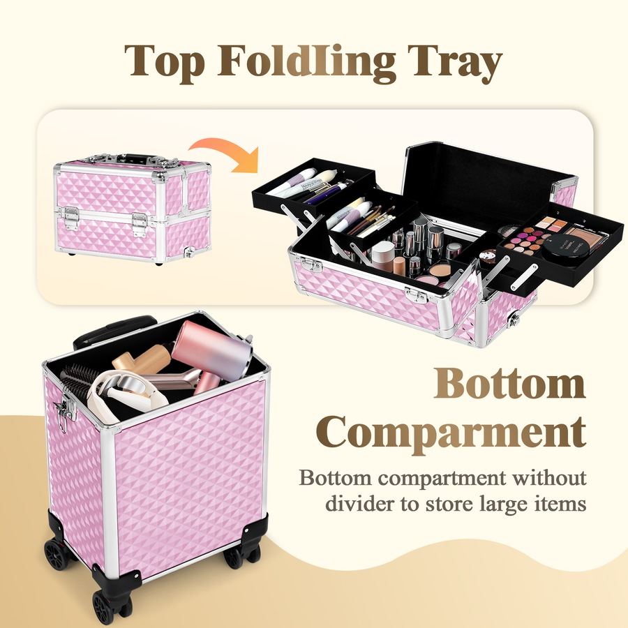 Advwin Makeup Trolley Case, 4 in 1 Rolling Cosmetic Train Case Large Capacity Cosmetic Trolley with Universal Wheels, Removable Partitions, Secure Locks, Pink