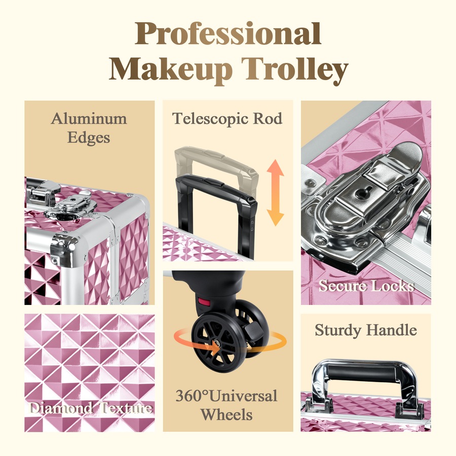 Advwin Makeup Trolley Case, 4 in 1 Rolling Cosmetic Train Case Large Capacity Cosmetic Trolley with Universal Wheels, Removable Partitions, Secure Locks, Pink