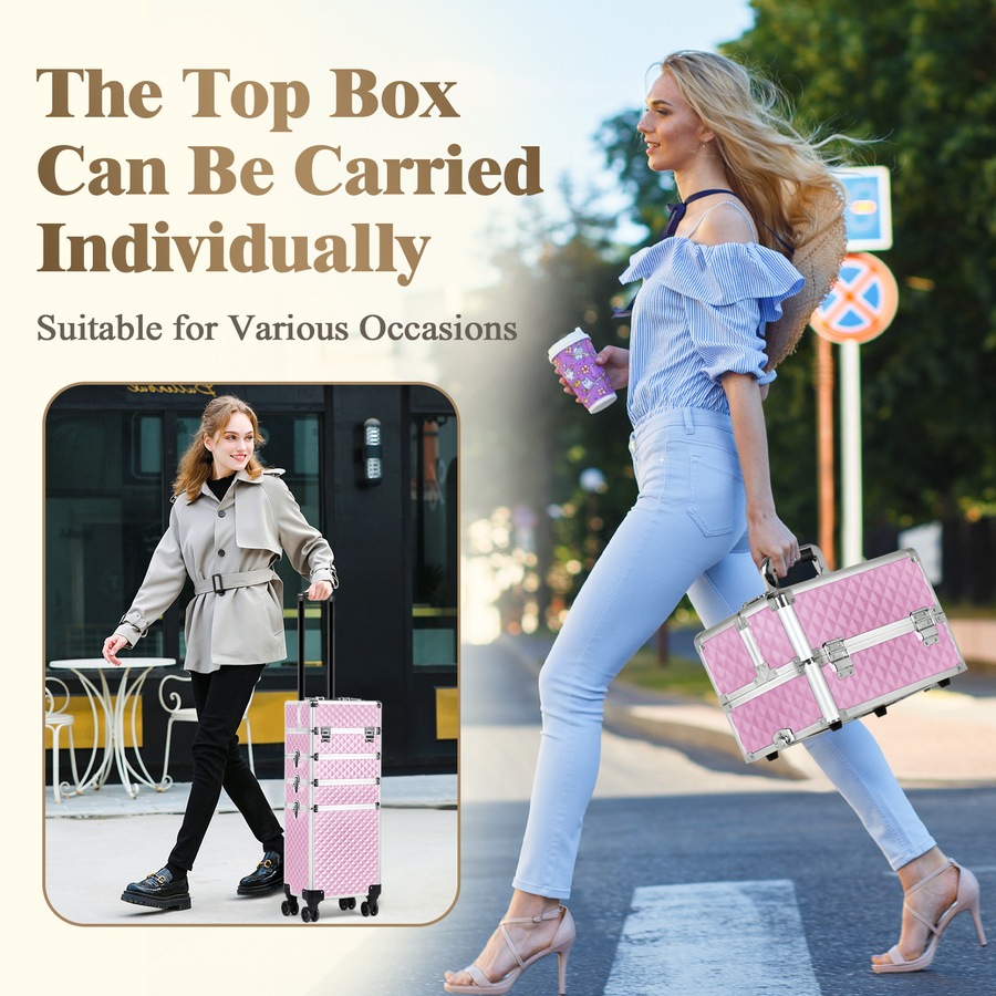 Advwin Makeup Trolley Case, 4 in 1 Rolling Cosmetic Train Case Large Capacity Cosmetic Trolley with Universal Wheels, Removable Partitions, Secure Locks, Pink