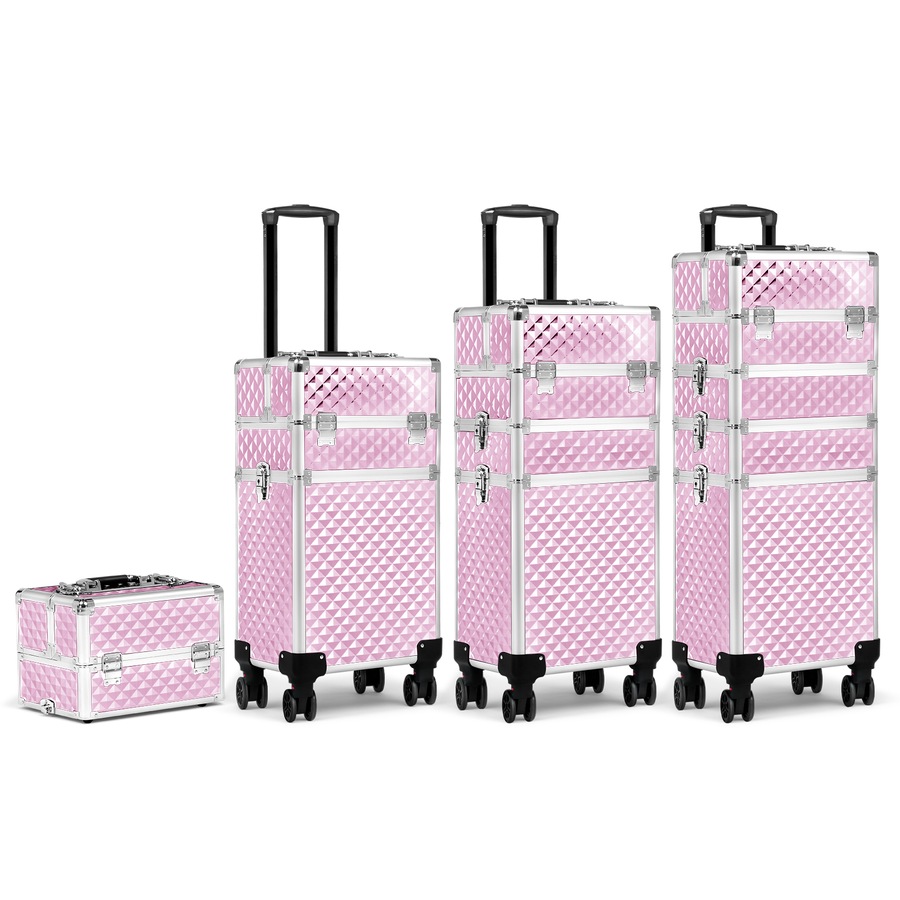 Advwin Makeup Trolley Case, 4 in 1 Rolling Cosmetic Train Case Large Capacity Cosmetic Trolley with Universal Wheels, Removable Partitions, Secure Locks, Pink