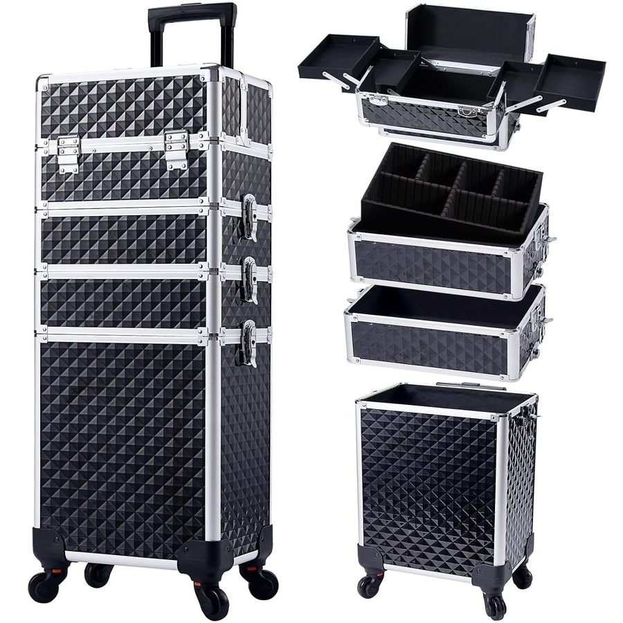 Advwin Makeup Trolley Case, 4 in 1 Rolling Makeup Train Case Large Capacity Cosmetic Trolley, with Universal Wheels, Removable Partitions, Secure Locks
