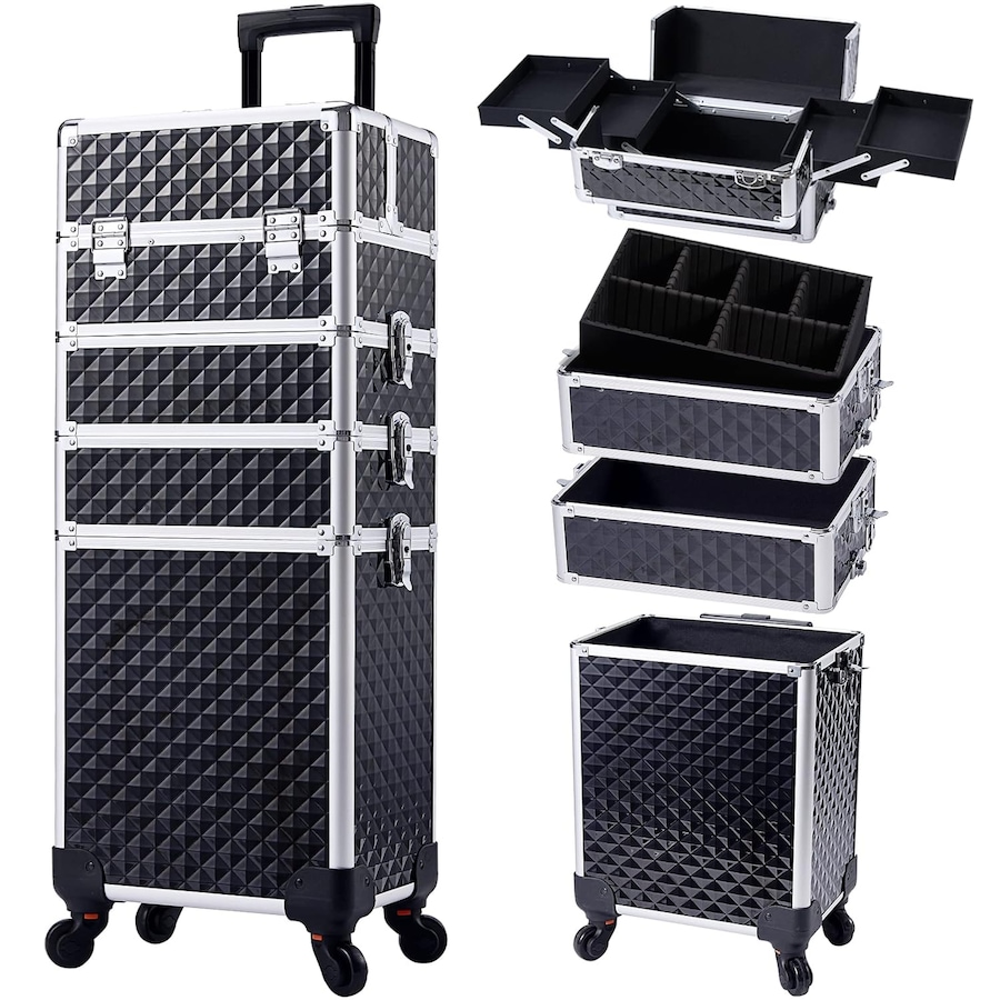 Advwin Makeup Trolley Case, 4 in 1 Rolling Makeup Train Case Large Capacity Cosmetic Trolley, with Universal Wheels, Removable Partitions, Secure Locks