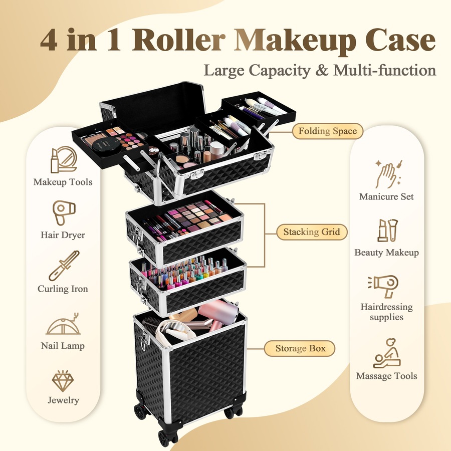 Advwin Makeup Trolley Case, 4 in 1 Rolling Makeup Train Case Large Capacity Cosmetic Trolley, with Universal Wheels, Removable Partitions, Secure Locks