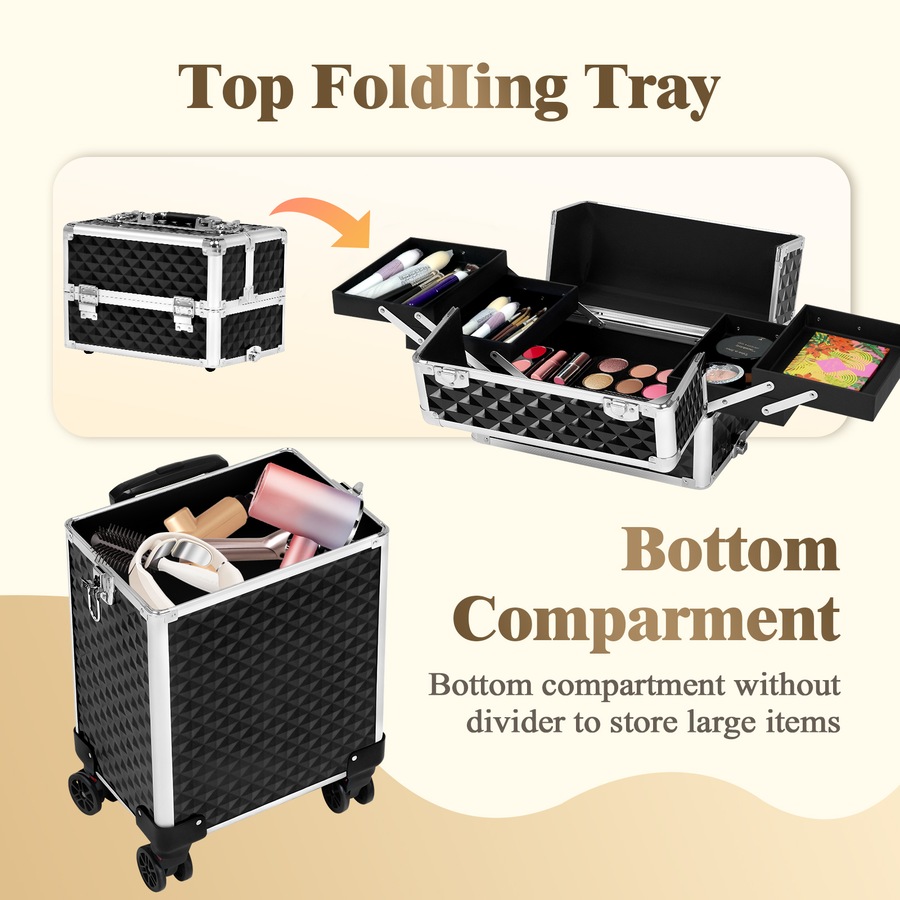 Advwin Makeup Trolley Case, 4 in 1 Rolling Makeup Train Case Large Capacity Cosmetic Trolley, with Universal Wheels, Removable Partitions, Secure Locks