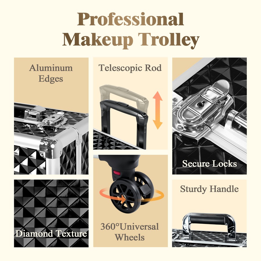 Advwin Makeup Trolley Case, 4 in 1 Rolling Makeup Train Case Large Capacity Cosmetic Trolley, with Universal Wheels, Removable Partitions, Secure Locks