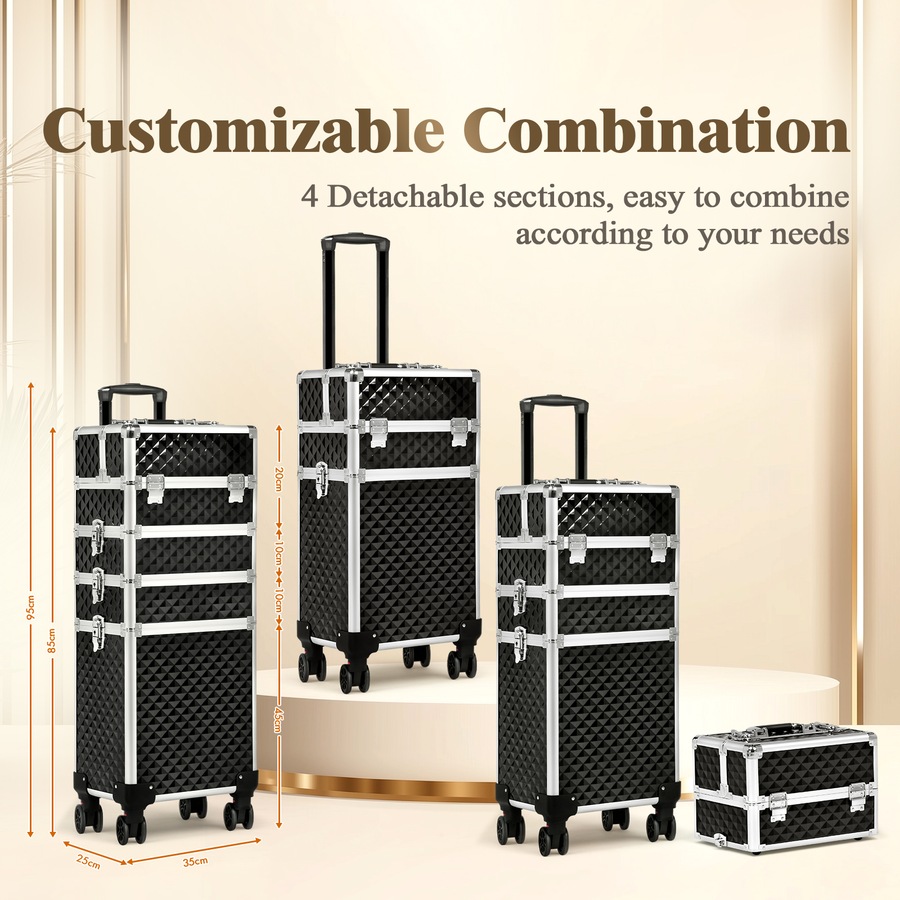 Advwin Makeup Trolley Case, 4 in 1 Rolling Makeup Train Case Large Capacity Cosmetic Trolley, with Universal Wheels, Removable Partitions, Secure Locks