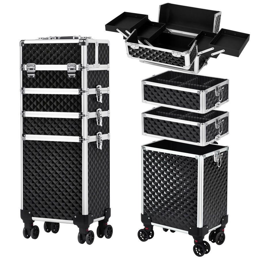 Advwin Makeup Trolley Case, 4 in 1 Rolling Makeup Train Case Large Capacity Cosmetic Trolley, with Universal Wheels, Removable Partitions, Secure Locks
