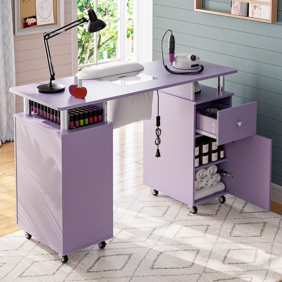 Advwin Manicure Table, Nail Desk for Nail Tech with Dust Collector Wrist Rest Lockable Wheels Purple