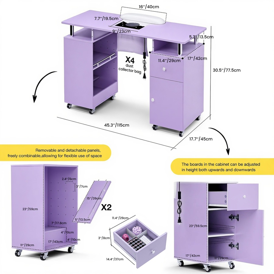 Advwin Manicure Table, Nail Desk for Nail Tech with Dust Collector Wrist Rest Lockable Wheels Purple