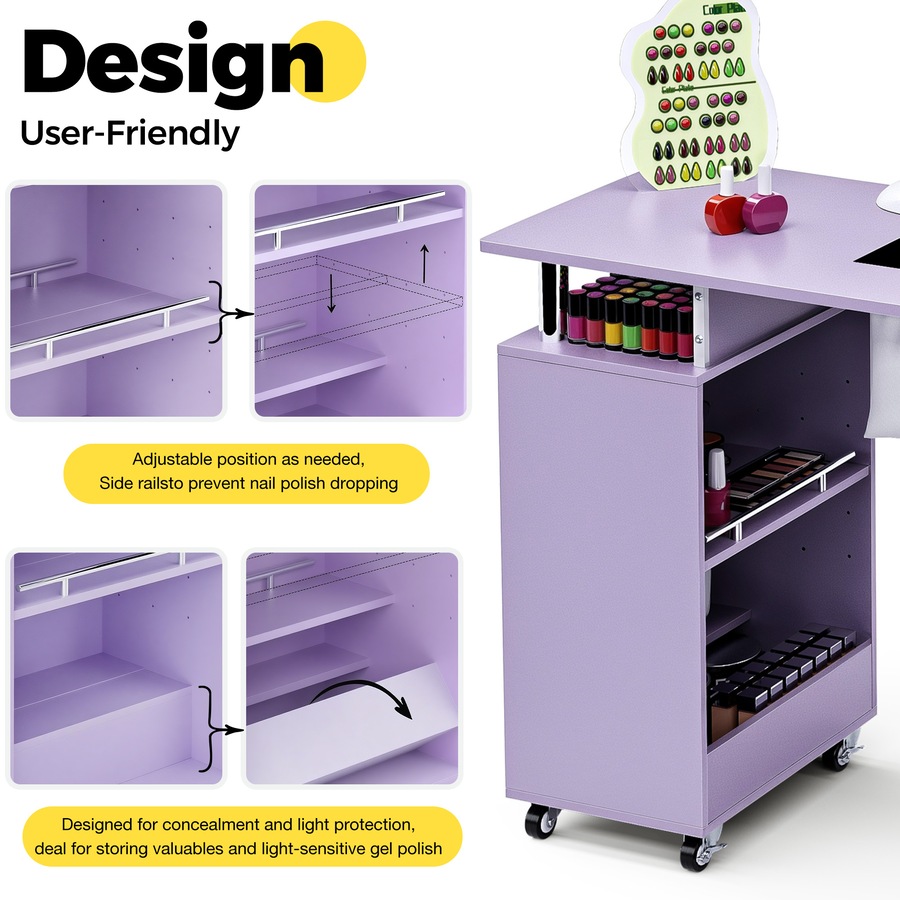Advwin Manicure Table, Nail Desk for Nail Tech with Dust Collector Wrist Rest Lockable Wheels Purple