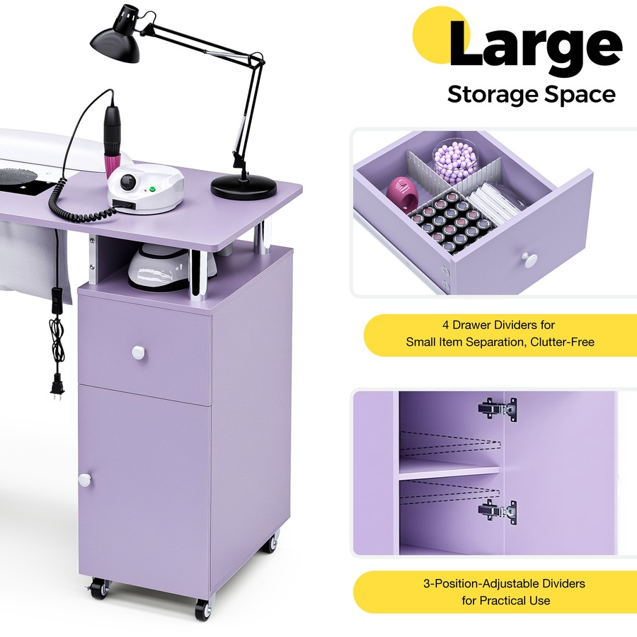 Advwin Manicure Table, Nail Desk for Nail Tech with Dust Collector Wrist Rest Lockable Wheels Purple