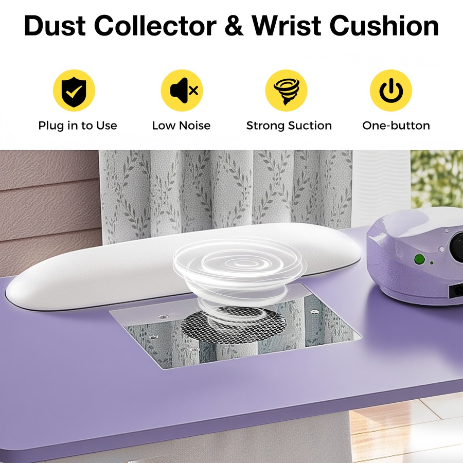 Advwin Manicure Table, Nail Desk for Nail Tech with Dust Collector Wrist Rest Lockable Wheels Purple