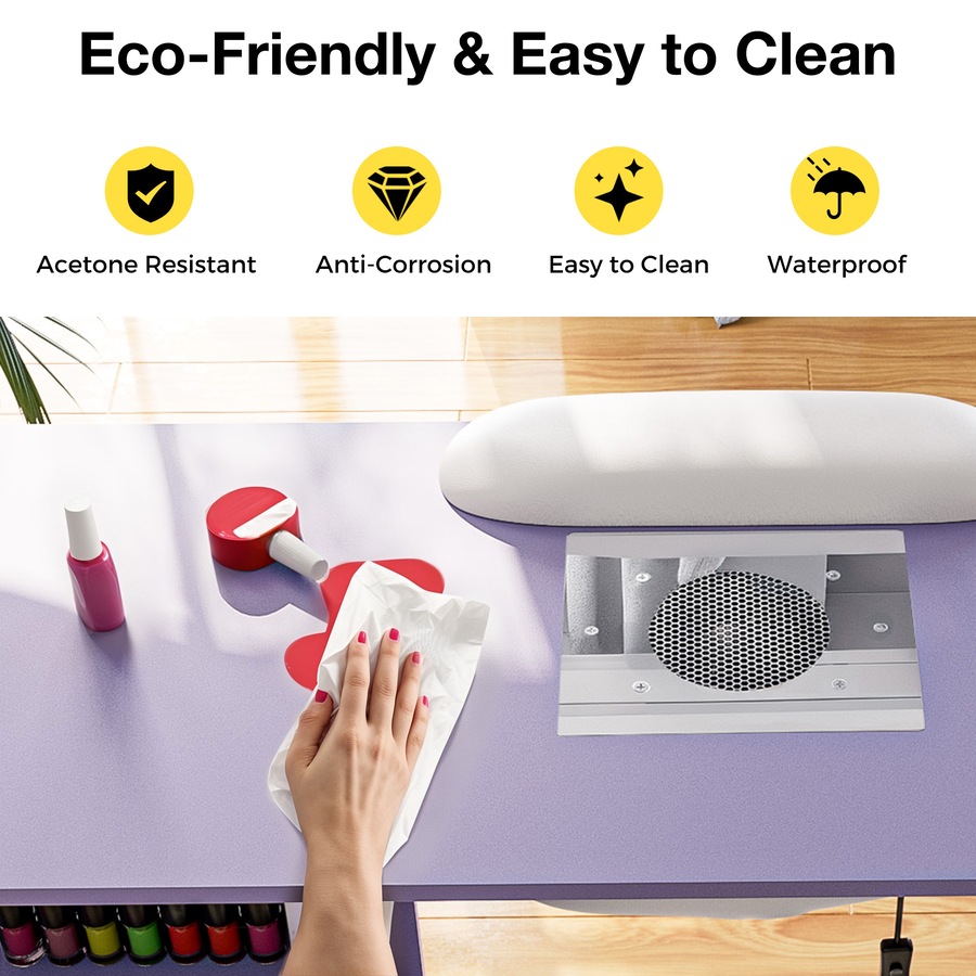 Advwin Manicure Table, Nail Desk for Nail Tech with Dust Collector Wrist Rest Lockable Wheels Purple
