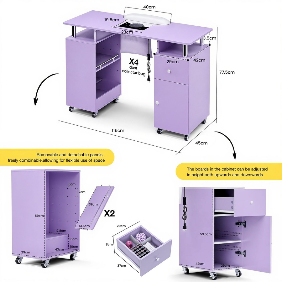 Advwin Manicure Table, Nail Desk for Nail Tech with Dust Collector Wrist Rest Lockable Wheels Purple