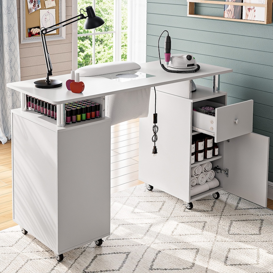 Advwin Manicure Table, Nail Desk for Nail Tech with Dust Collector Wrist Rest Lockable Wheels White