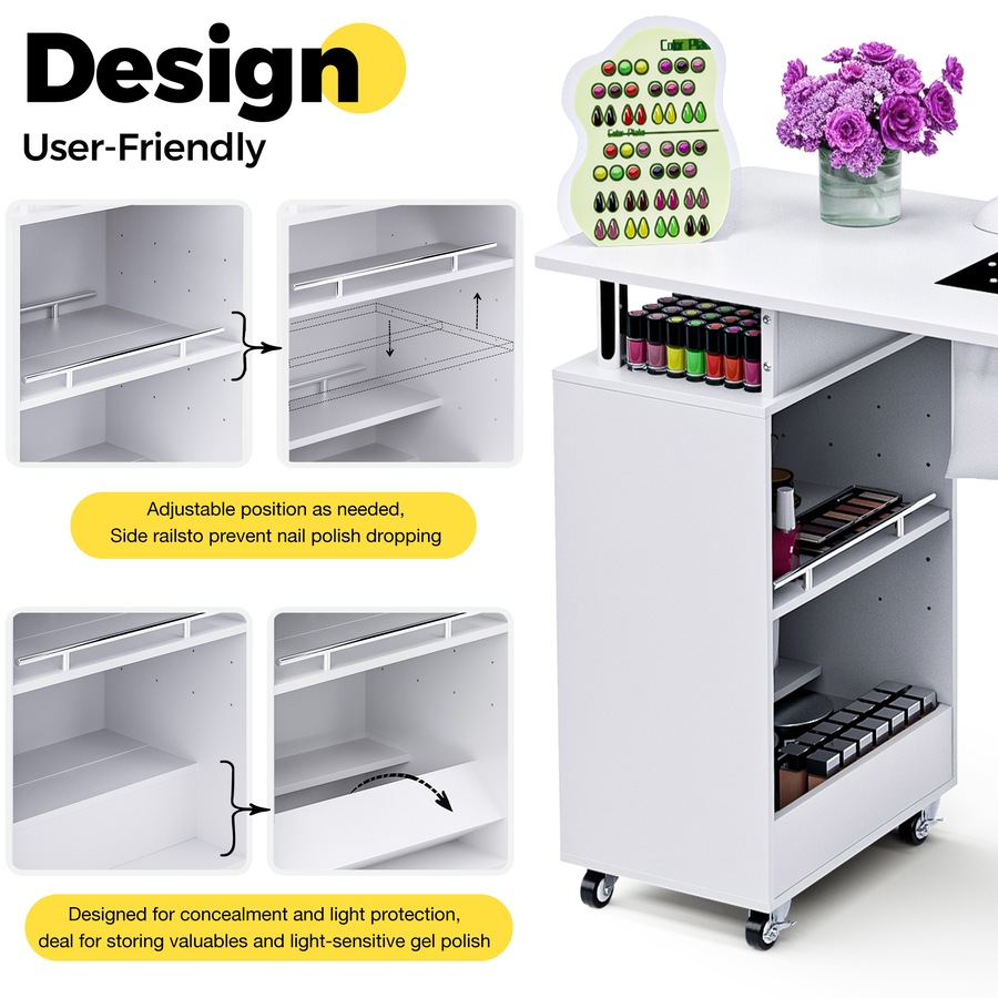 Advwin Manicure Table, Nail Desk for Nail Tech with Dust Collector Wrist Rest Lockable Wheels White