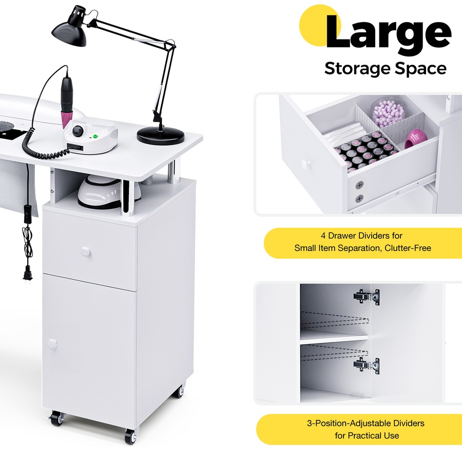 Advwin Manicure Table, Nail Desk for Nail Tech with Dust Collector Wrist Rest Lockable Wheels White