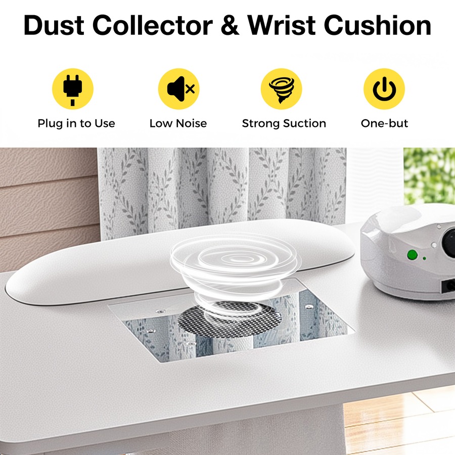 Advwin Manicure Table, Nail Desk for Nail Tech with Dust Collector Wrist Rest Lockable Wheels White