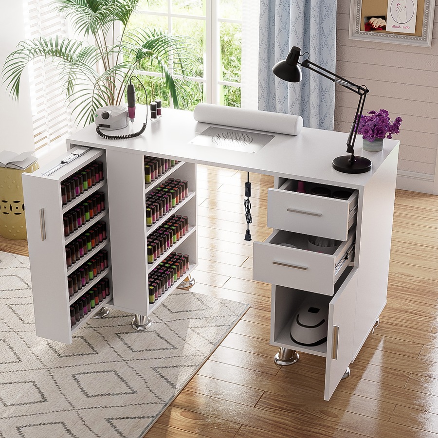 Advwin Manicure Table Nail Tech Desk Nail Table Station Dust Collector Drawers Cabinet Storage White