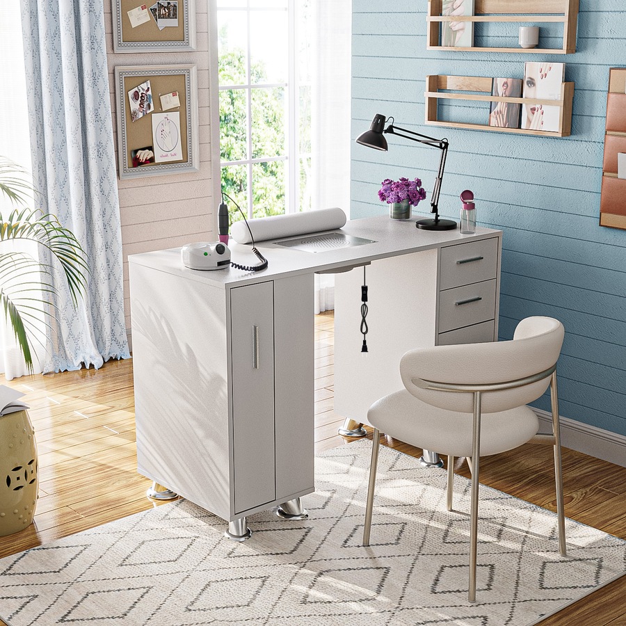 Advwin Manicure Table Nail Tech Desk Nail Table Station Dust Collector Drawers Cabinet Storage White