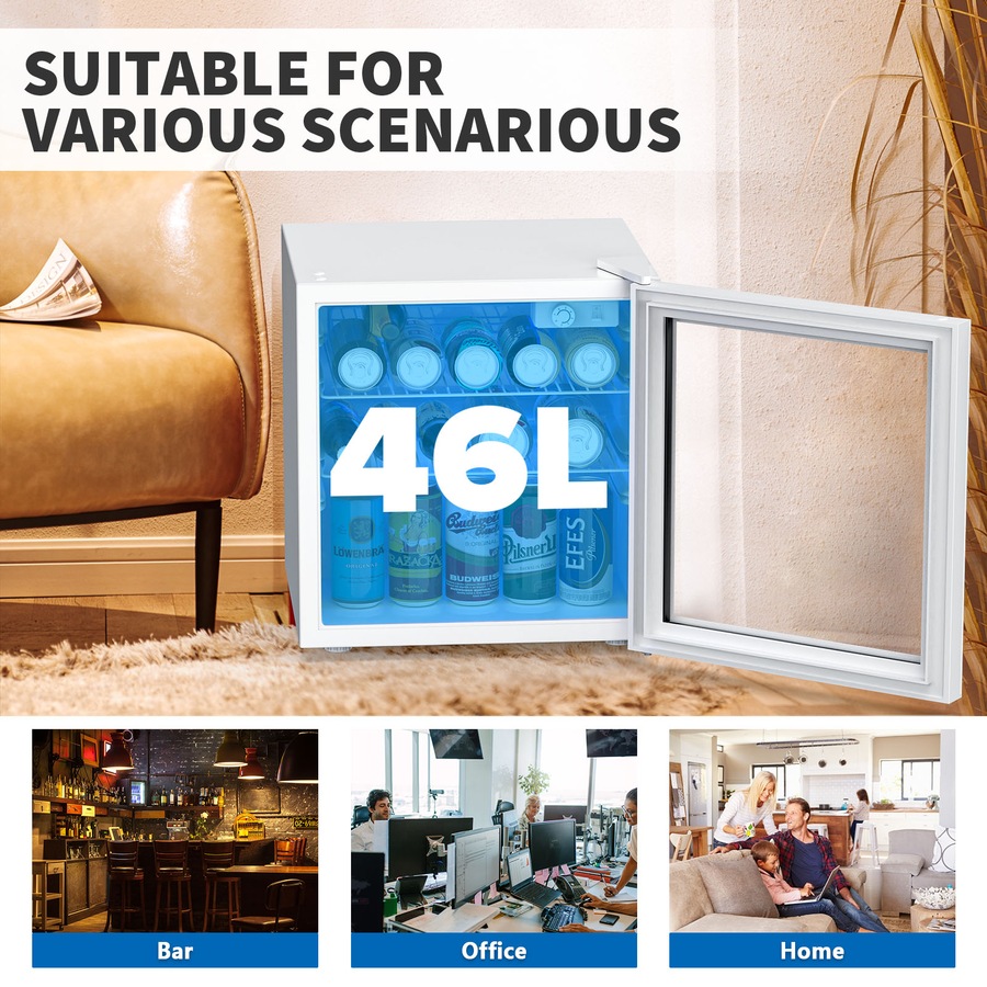 ADVWIN Mini Bar Fridge Portable Fridges Glass Door Mini Beverage Refrigerator 46L, White