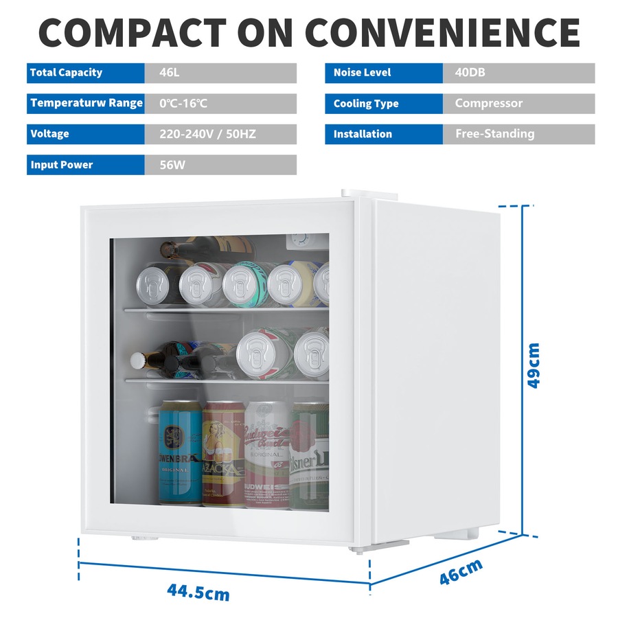 ADVWIN Mini Bar Fridge Portable Fridges Glass Door Mini Beverage Refrigerator 46L, White