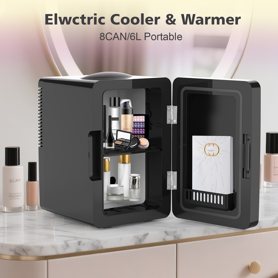 Advwin Mini Fridge for Bedroom, Skincare Makeup Fridge With LED Lighting, 6L Car Fridge for Cosmetics, SkinCare, Food, Portable Small Refrigerator for Cooler & Warmer - Black