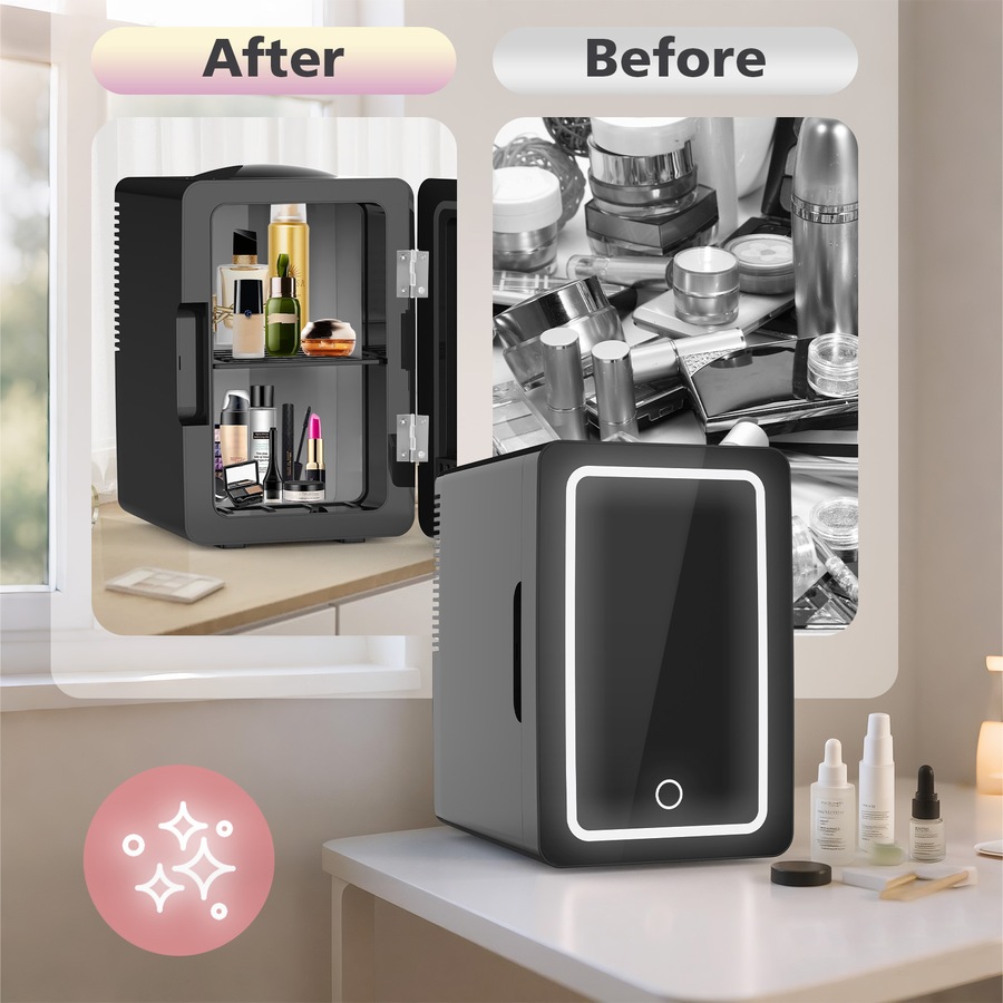 Advwin Mini Fridge for Bedroom, Skincare Makeup Fridge With LED Lighting, 6L Car Fridge for Cosmetics, SkinCare, Food, Portable Small Refrigerator for Cooler & Warmer - Black