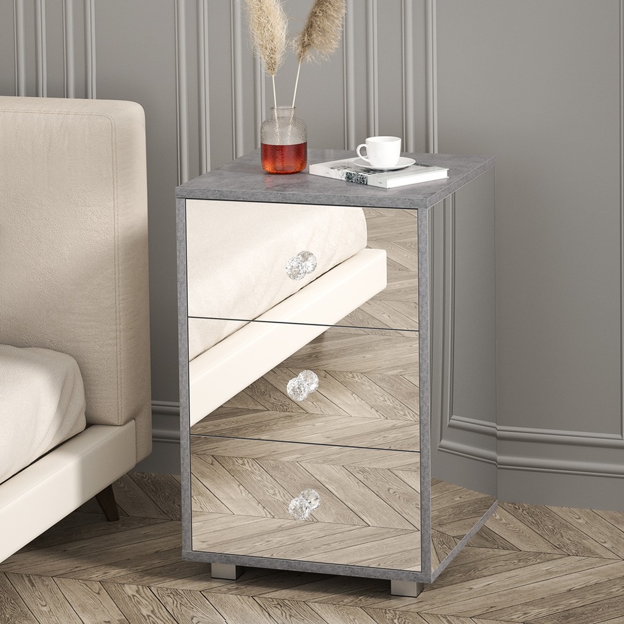 Advwin Mirrored Bedside Table 3 Drawers Nightstand Storage