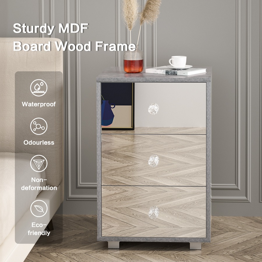 Advwin Mirrored Bedside Table 3 Drawers Nightstand Storage