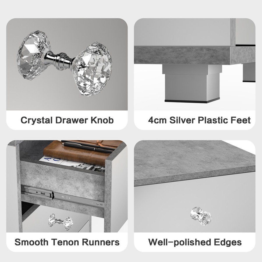 Advwin Mirrored Bedside Table 3 Drawers Nightstand Storage
