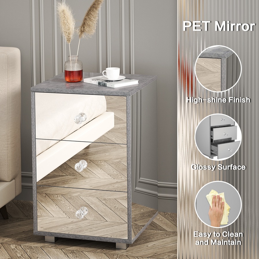 Advwin Mirrored Bedside Table 3 Drawers Nightstand Storage