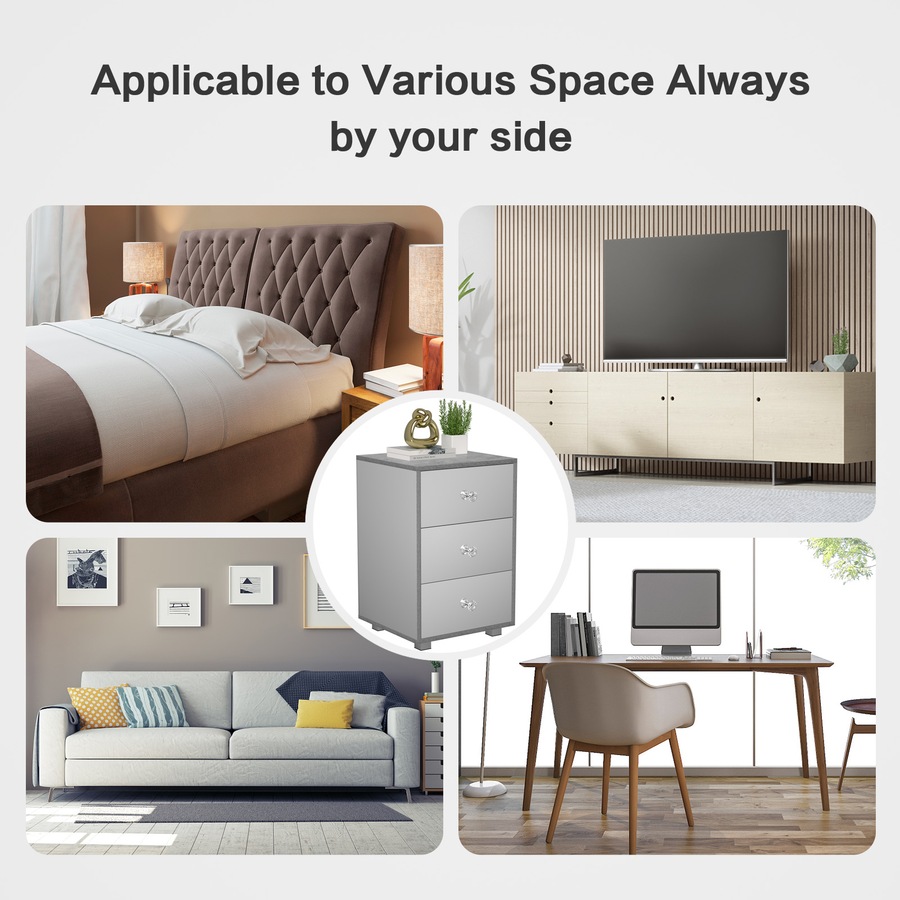 Advwin Mirrored Bedside Table 3 Drawers Nightstand Storage