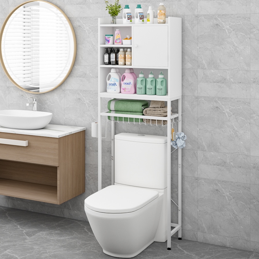 Advwin Over The Toilet Storage Cabinet, Over Toilet Bathroom Organizer Metal Shelf with Paper Holder and Hooks, 60*24*170cm