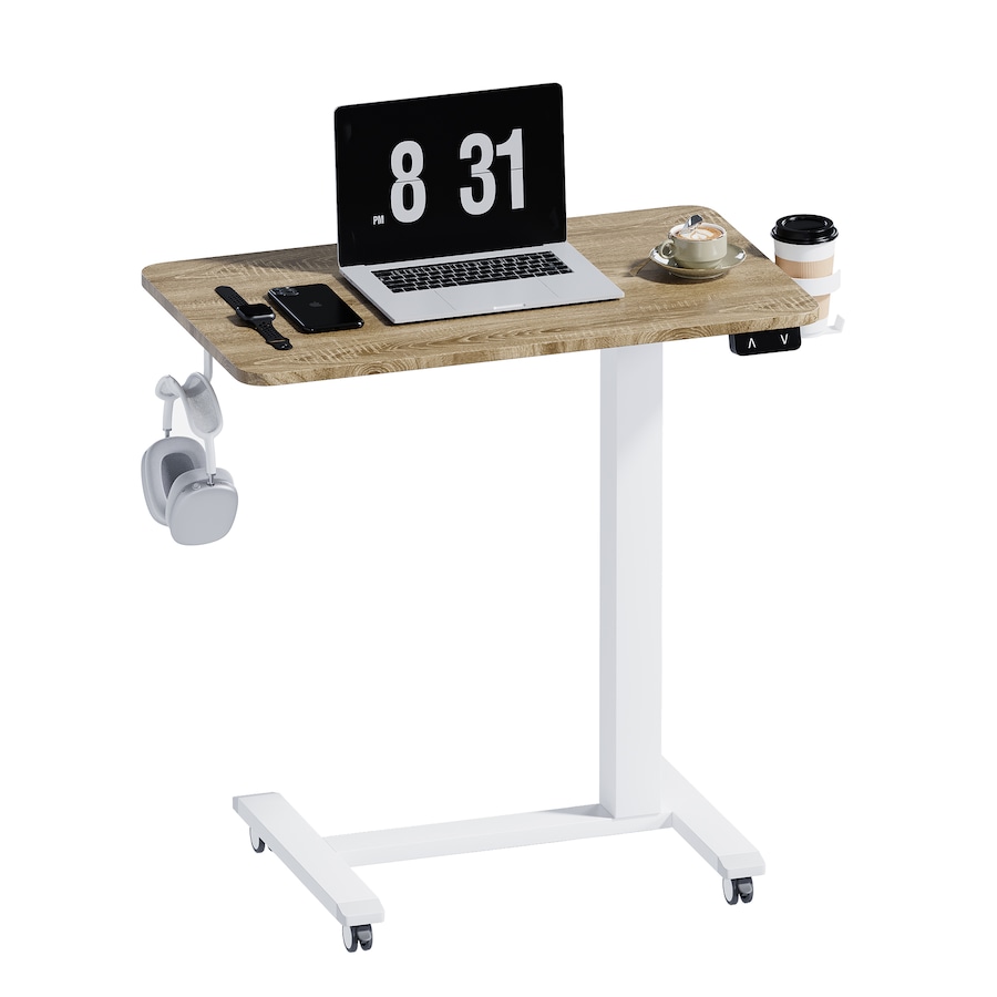 Advwin Portable Mobile Standing Desk with Wheels Electric Height Adjustable Rolling Computer Cart Laptop Desk Small Sit Stand Table 68 x 40cm Oak