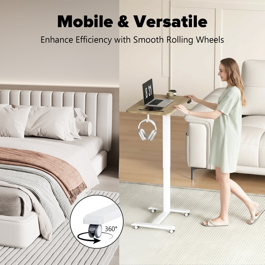 Advwin Portable Mobile Standing Desk with Wheels Electric Height Adjustable Rolling Computer Cart Laptop Desk Small Sit Stand Table 68 x 40cm Oak