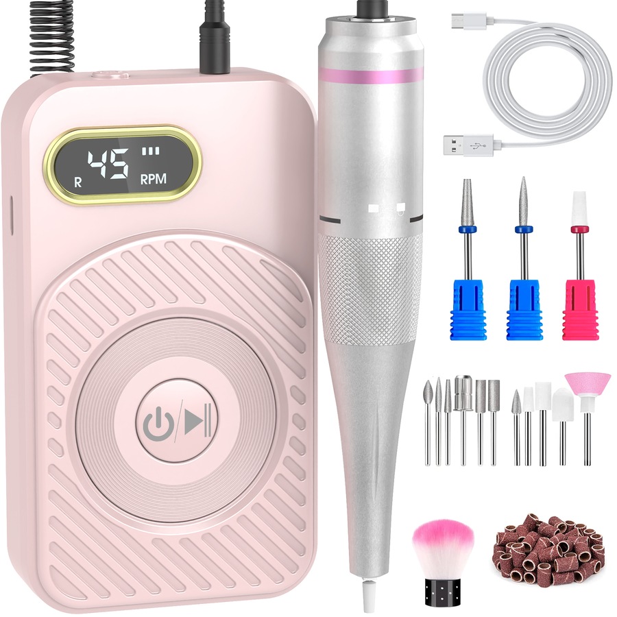 ADVWIN Portable Nail Drill Machine, Rechargeable Nail File with Nail Drill Bits for Home and Salon Use, Pink