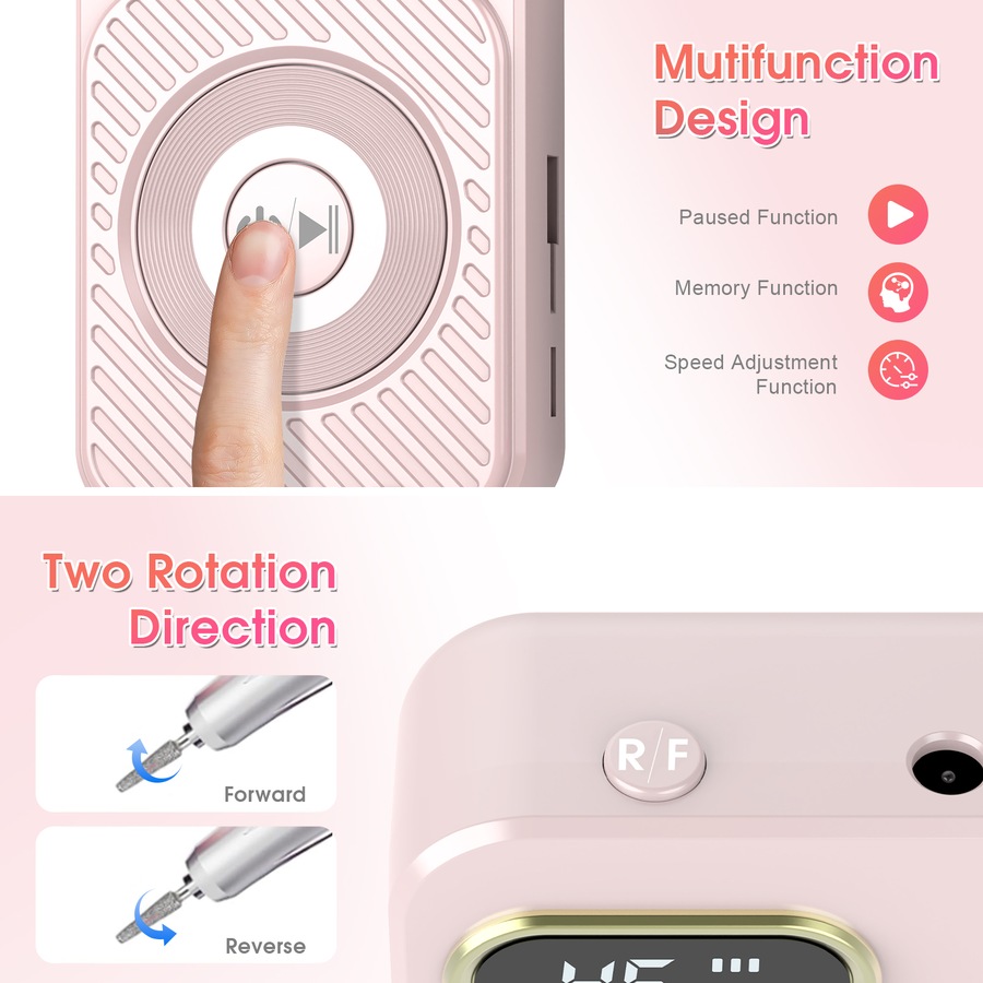 ADVWIN Portable Nail Drill Machine, Rechargeable Nail File with Nail Drill Bits for Home and Salon Use, Pink