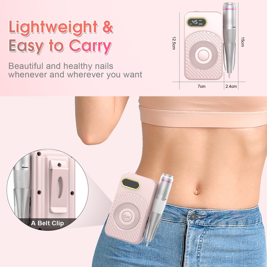 ADVWIN Portable Nail Drill Machine, Rechargeable Nail File with Nail Drill Bits for Home and Salon Use, Pink