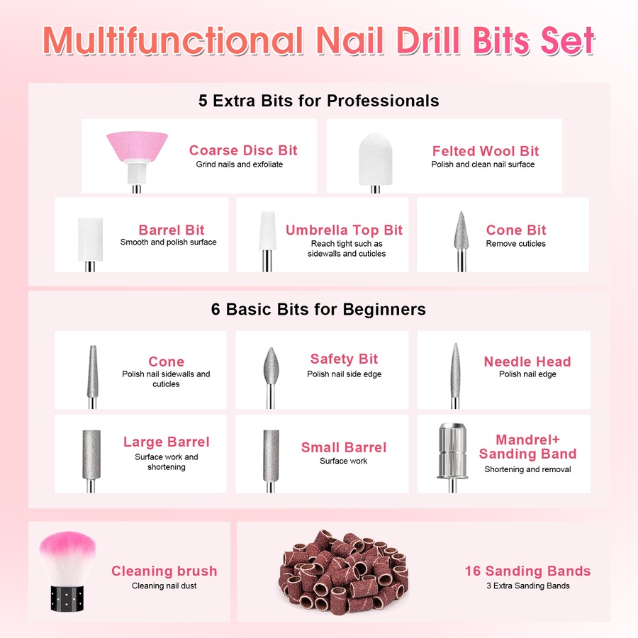 ADVWIN Portable Nail Drill Machine, Rechargeable Nail File with Nail Drill Bits for Home and Salon Use, Pink