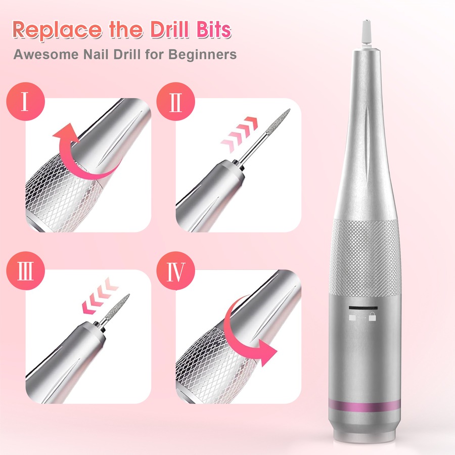 ADVWIN Portable Nail Drill Machine, Rechargeable Nail File with Nail Drill Bits for Home and Salon Use, Pink