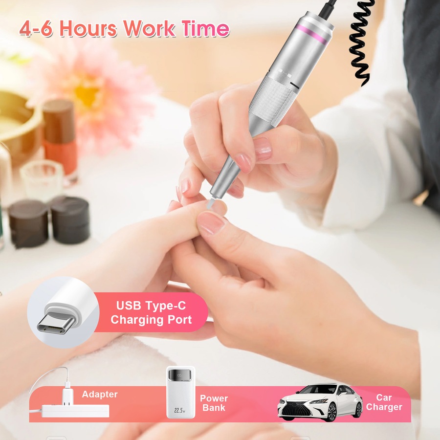 ADVWIN Portable Nail Drill Machine, Rechargeable Nail File with Nail Drill Bits for Home and Salon Use, Pink