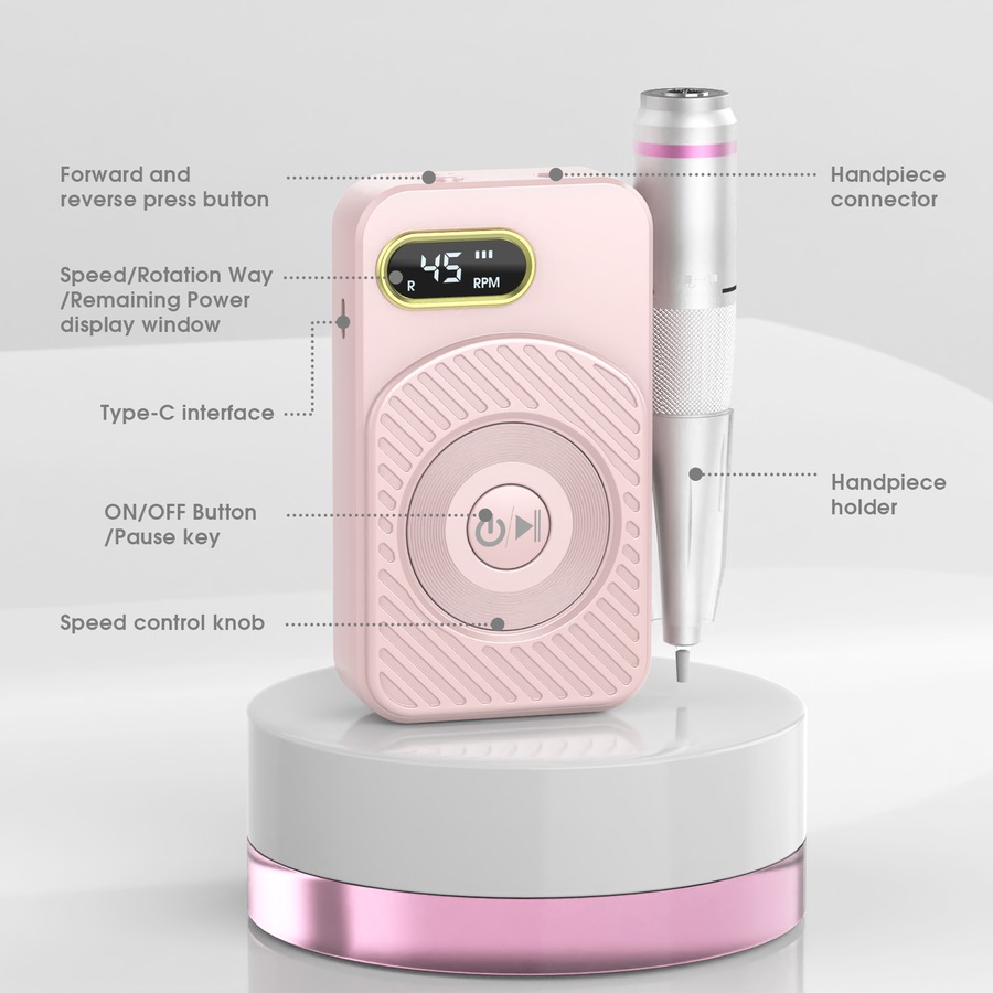 ADVWIN Portable Nail Drill Machine, Rechargeable Nail File with Nail Drill Bits for Home and Salon Use, Pink