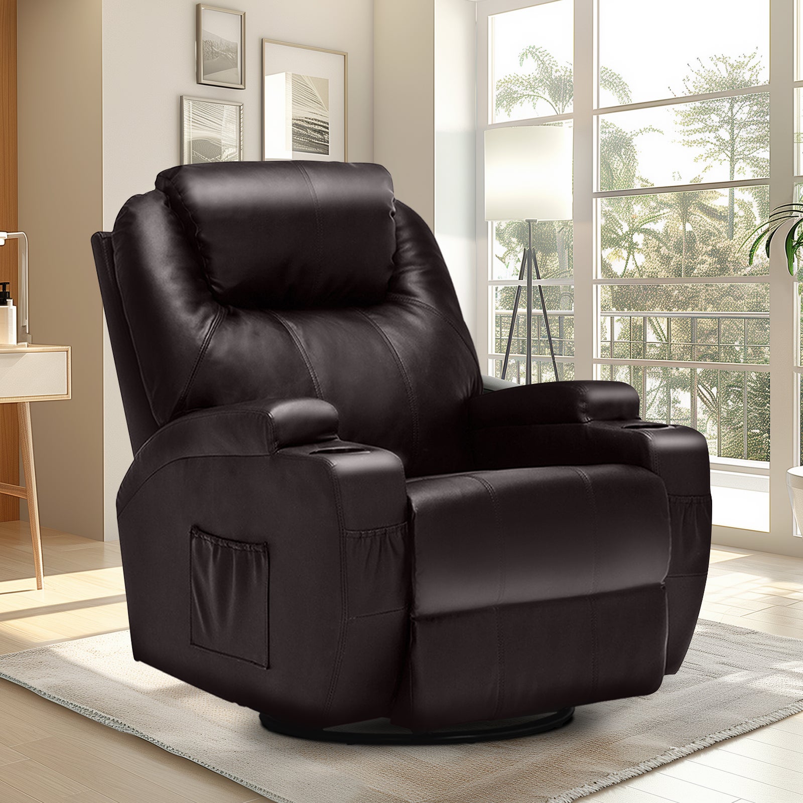 Advwin Recliner Chair Heated Massage Lift Chair PU Leather Lounge Sofa Couch Seat Rotate Base Brown