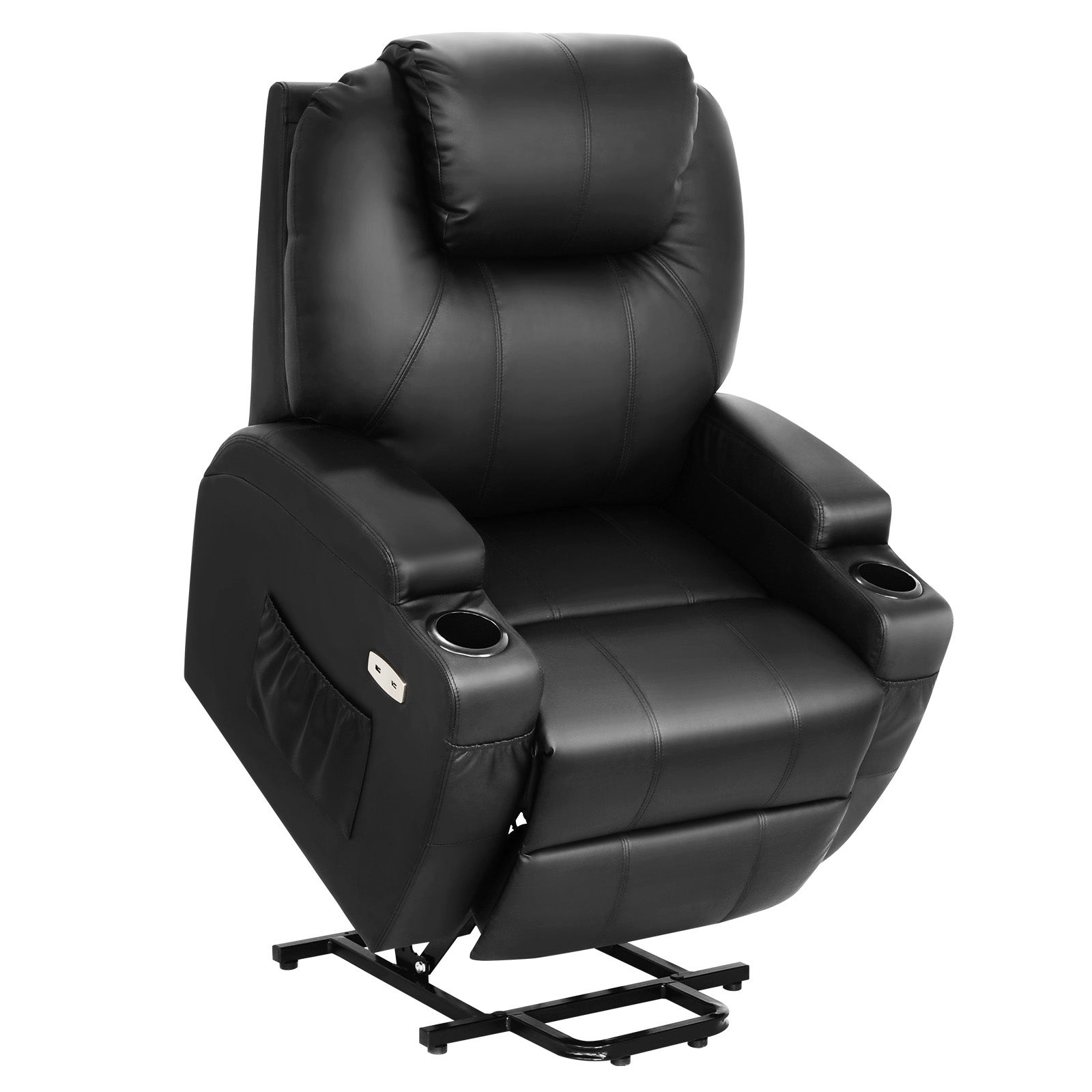 Electric Lift Recliner Massage Chair Adjustable Heat with Remote Control, Two Cup Holders, and Side Pockets(PU Leather, 45-140 Degrees, Black)