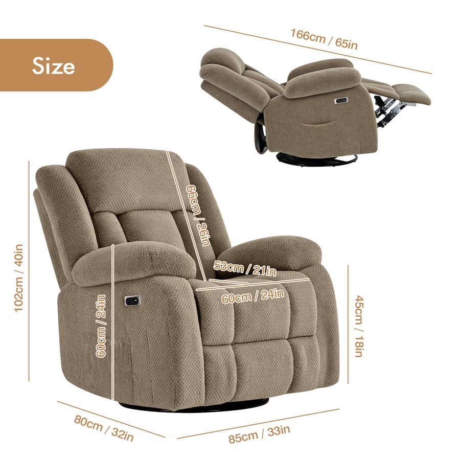 Electric Massage Recliner Chair Flannel 8-Point Chair Heat Reclining Rotate Rocking Armchair Brown