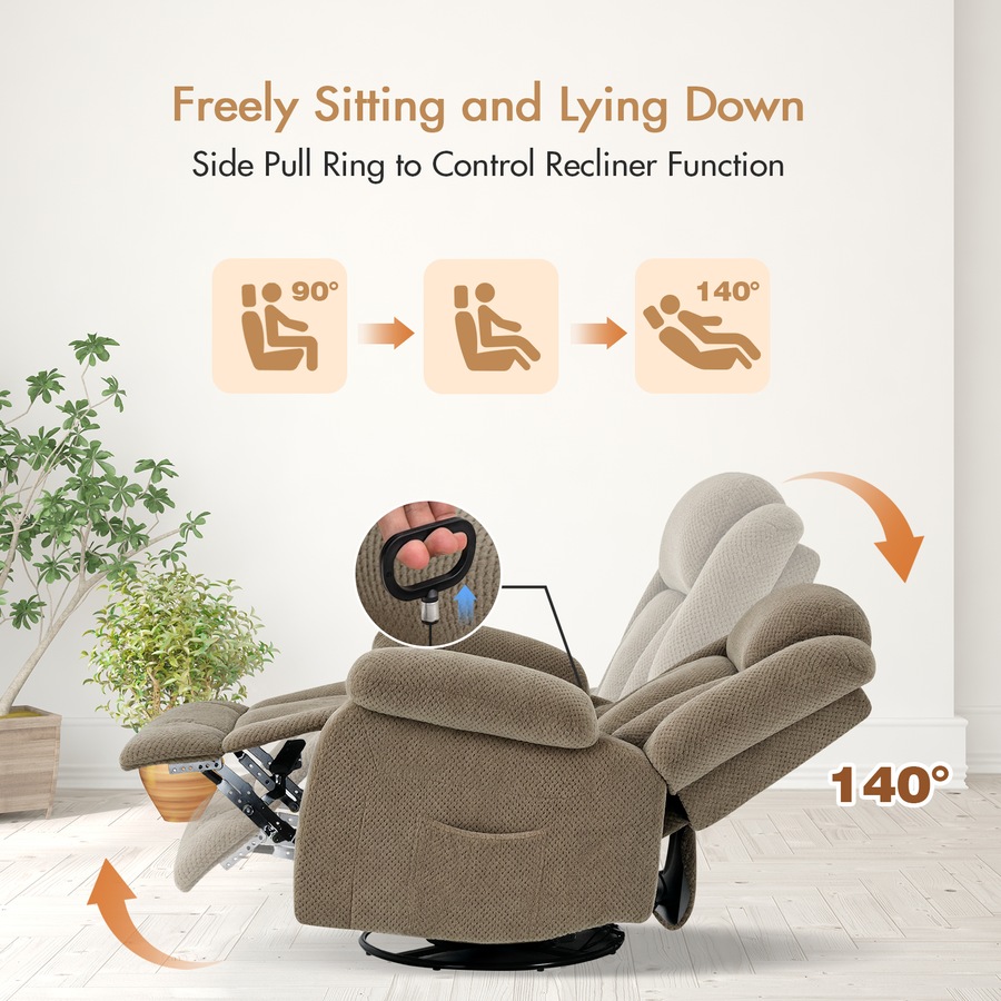 Electric Massage Recliner Chair Flannel 8-Point Chair Heat Reclining Rotate Rocking Armchair Brown